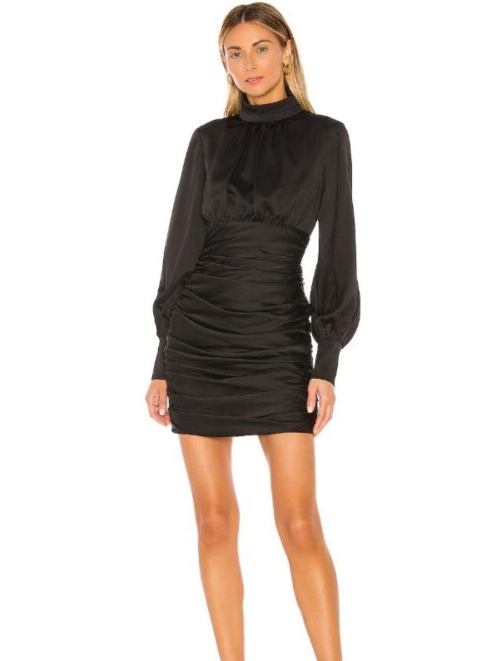 Jay Godfrey Como Mini Dress Size 6 Ruched Long Sleeve High Neck Black Cocktail